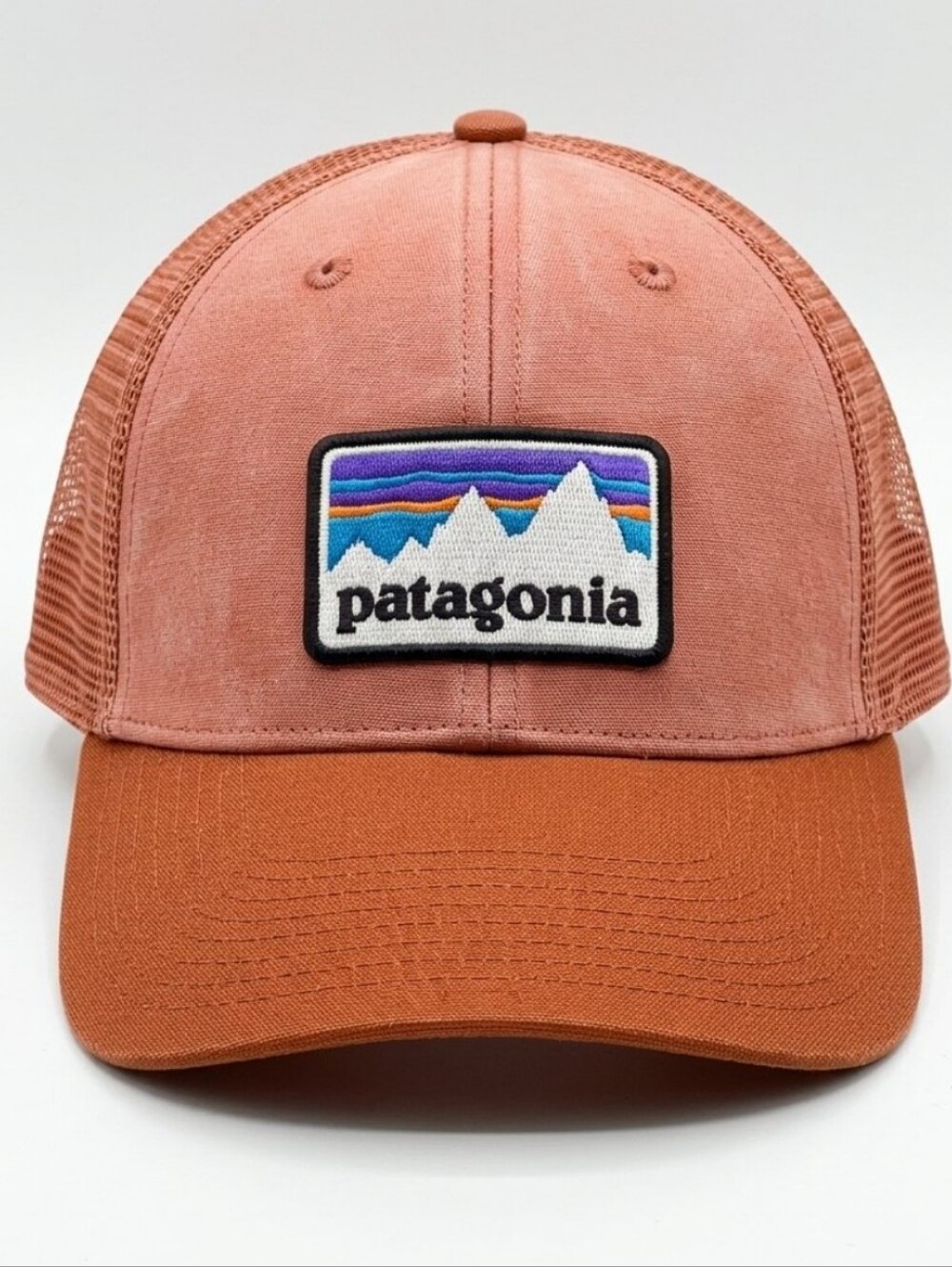 Patagonia Trucker Hat Cap Rust Orange Embroidered Mountain Logo SnapBack Unisex